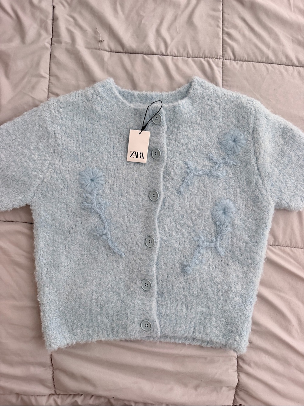 NWT ZARA Pale Blue Textured Floral Knit Button Cardigan
